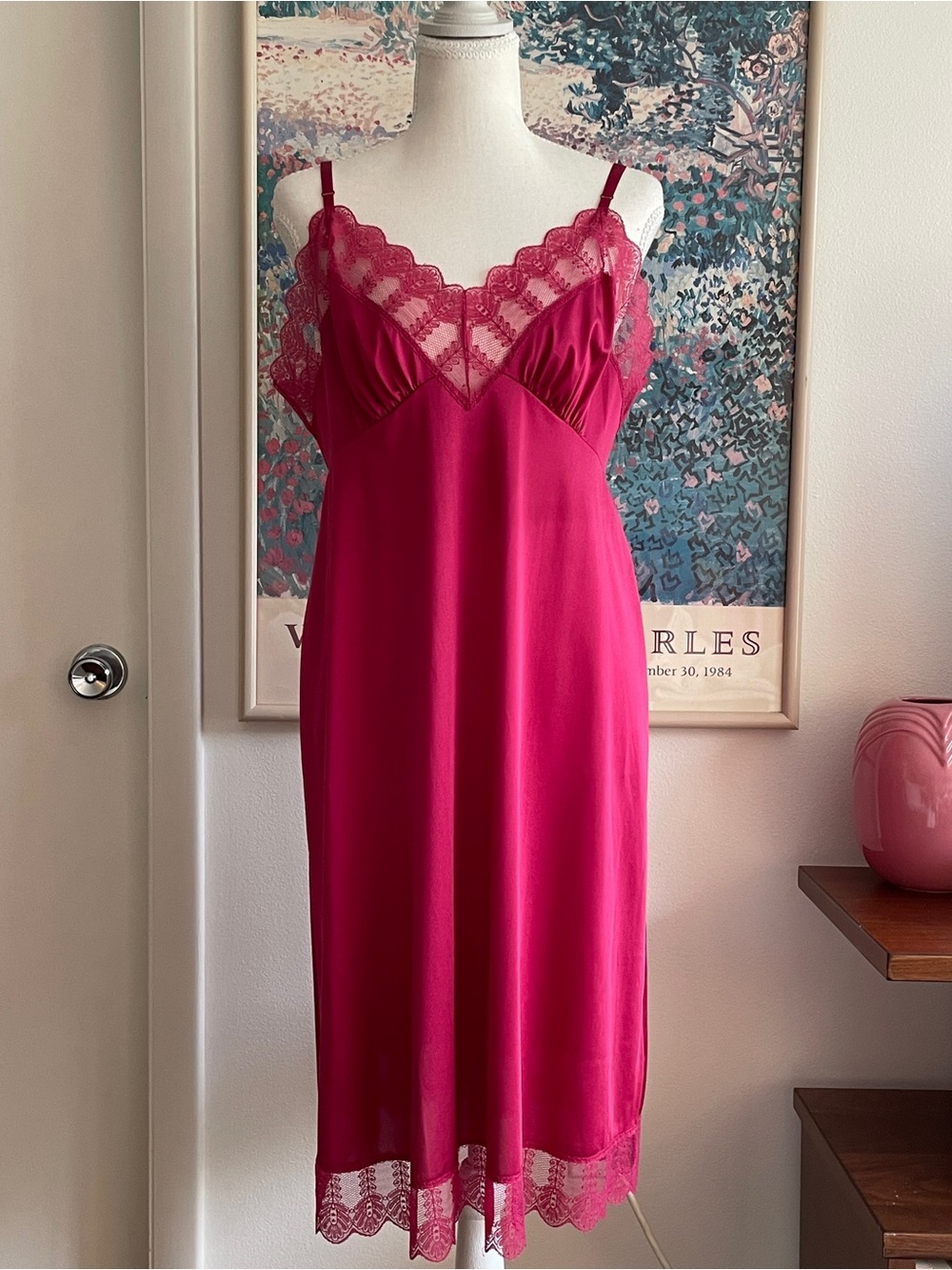 Vintage Slip Dress Medium Pink Lace Midi Nylon Coquette Romantic Feminine 70s